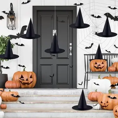 6 PCS Halloween Black Witch Hats Decoration Hanging Witch Wizard Hats Bulk with 3D Bats Wall Stickers for Halloween Party Cos...