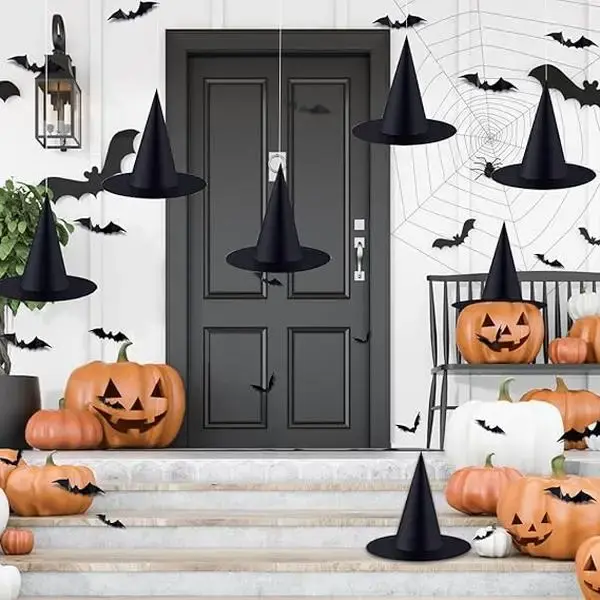 6 PCS Halloween Black Witch Hats Decoration Hanging Witch Wizard Hats Bulk with 3D Bats Wall Stickers for Halloween Party Cos...