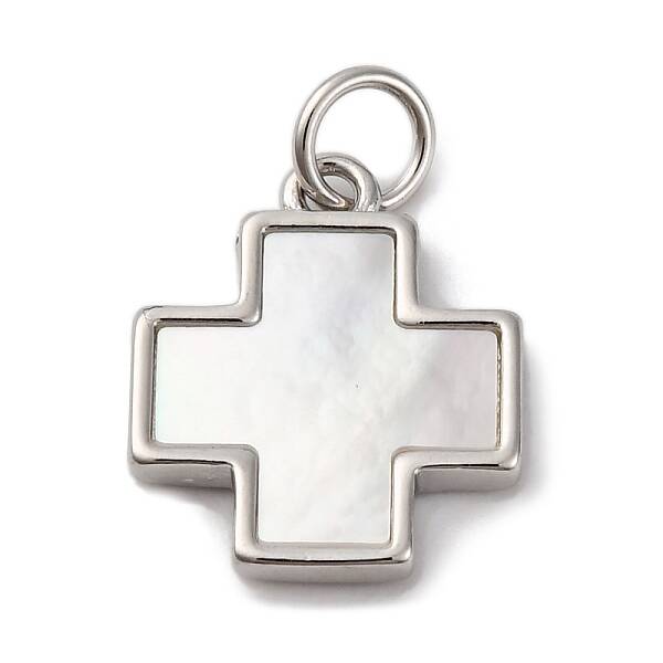 Brass Pave Natural White Shell Cross Pendants