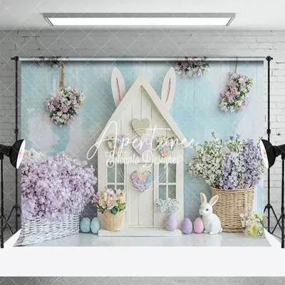 Aperturee Blue White Wall Bunny Hutch Floral Easter Backdrop, 3X2FT(1MX0.6M), 14 USD, easter backdrops, ENHD3J70-M