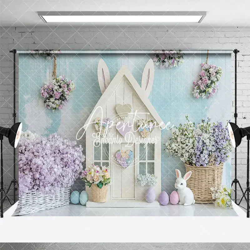 Aperturee Blue White Wall Bunny Hutch Floral Easter Backdrop, 3X2FT(1MX0.6M), 14 USD, easter backdrops, ENHD3J70-M