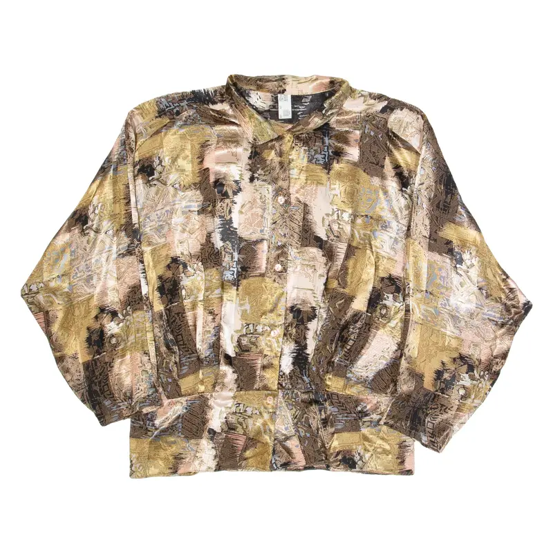 Womens Printed Blouse Brown High Neck Long Sleeve Crazy Pattern UK 14