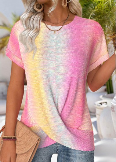 Modlily Multi Color Ombre Short Sleeve Round Neck T Shirt - S