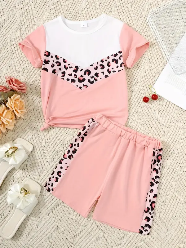 Two-piece Set Girl's Leopard Patchwork Print Tee & Elastic Waist Shorts Set, Casual Short Sleeve Round Neck T-shirt & Shorts ...