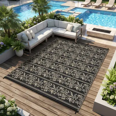 Garvee Waterproof Reversible Outdoor Rug - Boho Leaf Design - UV & Mark Resistant, Collapsible Plastic Patio Mat with Stakes ...