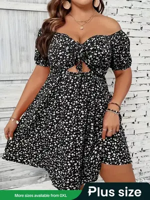 【Plus Size】 Ditsy Floral Print Bow Front Cut Out Vintage Dress, Boho Puff Sleeve Tie Front Off Shoulder Dress, Plus Size...