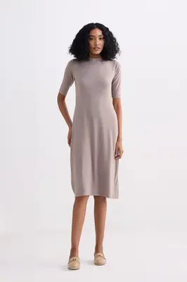 High Crew Neck Elbow Sleeves Fitted Dress in Dusty Brown | Color: Autumn Maple | Size: XS