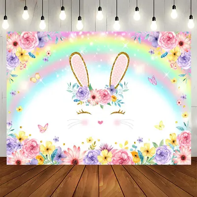 Aperturee Bunny And Colored Rainbow Floral Baby Shower Backdrop