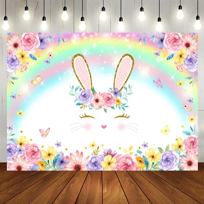 Aperturee Bunny And Colored Rainbow Floral Baby Shower Backdrop