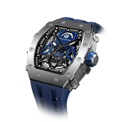TSAR BOMBA Elemental Series Silver Blue Luxury Men's Automatic Watch 閳ワ拷Skeleton Mechanical Dial, Stainless Steel Bezel...