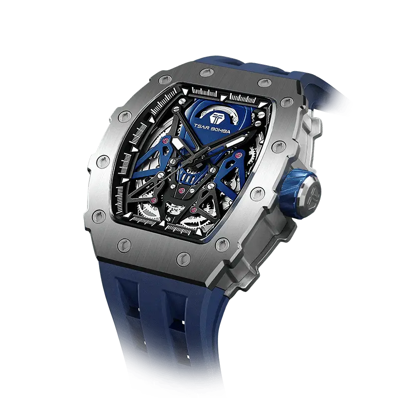 TSAR BOMBA Elemental Series Silver Blue Luxury Men's Automatic Watch 閳ワ拷Skeleton Mechanical Dial, Stainless Steel Bezel...