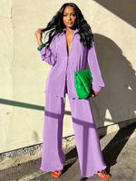 Women's Solid Button Shirt & Elastic Waist Pants Set, Fall Outfits, Casual Loose Lettuce Trim Collared Top & Wide Leg Trouser...