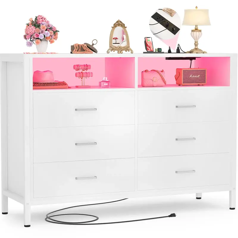 Homieasy White Dresser for Bedroom, 6 Drawer Dresser with LED Lights and Outlet, Dresser TV Stand for Living Room, Hallway, E...