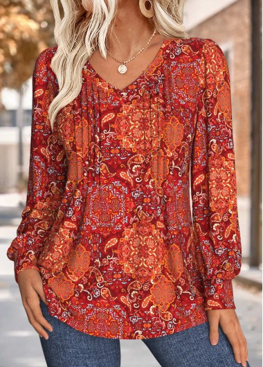 Modlily Wine Red Tuck Stitch Tribal Print T Shirt - XL