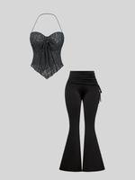 Two-piece Set Women's Solid Color Crop Tank Top & Flare Leg Pants, Elegant Fashion Casual Slim Fit for Daily Outdoor Wear, La...