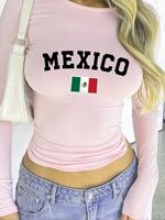 Women's Mexico Letter Print Round Neck Skinny Tee, Casual Geometric Print Long Sleeve Crew Neck T-Shirt for Daily Wear, T Shi...