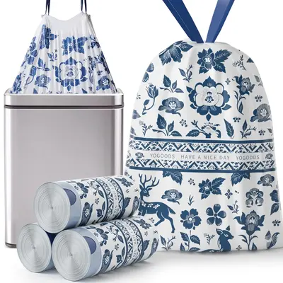 13 Gallon Drawstring Rip-Proof Trash Bags, Blue and White Porcelain Theme Printed Sturdy Trash Bags for Office, Kitchen, Bedr...