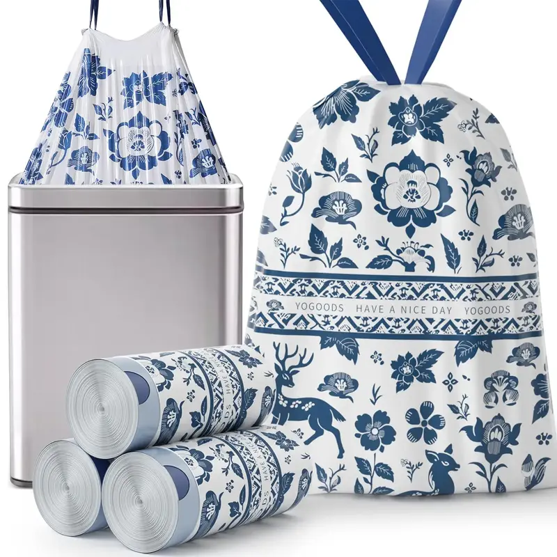 13 Gallon Drawstring Rip-Proof Trash Bags, Blue and White Porcelain Theme Printed Sturdy Trash Bags for Office, Kitchen, Bedr...