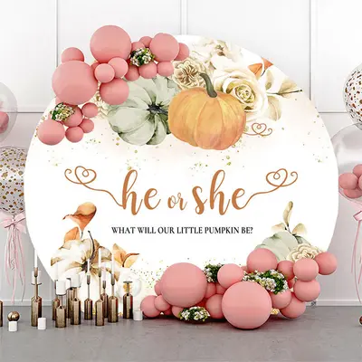 Aperturee Floral Pumpkin He Or She Round Gender Reveal Backdrop | Custom Round Backdrop Cover | Round Party Backdrop | Round ...