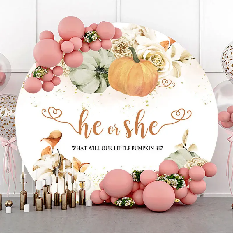 Aperturee Floral Pumpkin He Or She Round Gender Reveal Backdrop | Custom Round Backdrop Cover | Round Party Backdrop | Round ...
