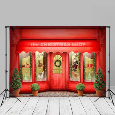 Red Shop Door And Window Happy Christmas Backdrop - Aperturee