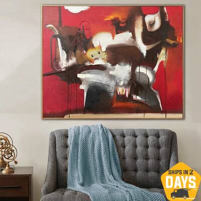 Abstract Red Paintings On Canvas Original Colorful Artwork Modern Fine Art Wall Decor | RED AURA 43.3"x55.1"
