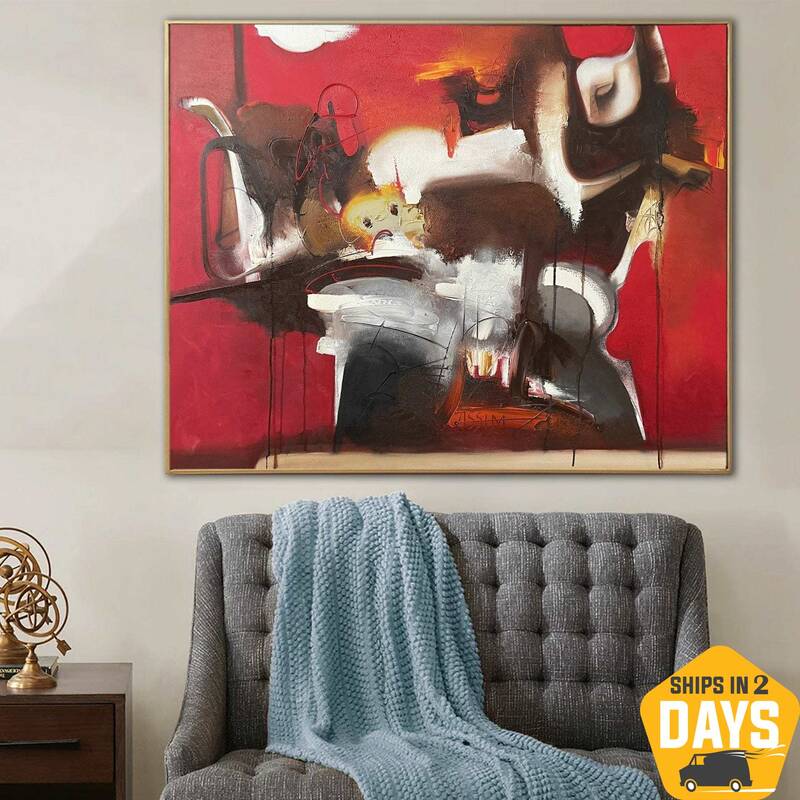 Abstract Red Paintings On Canvas Original Colorful Artwork Modern Fine Art Wall Decor | RED AURA 43.3"x55.1"