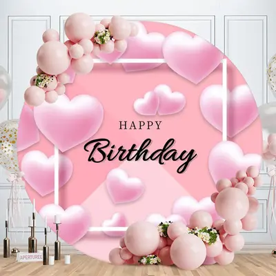 Aperturee Light Pink Loves Round Happy Birthday Backdrop