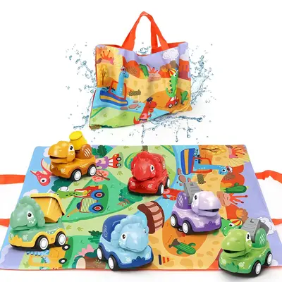 Dinosaur Design Inertia Car Toy, 6 Counts/set Friction Power Engineering Vehicle Toy with 2 in 1 Game Mat Storage Bag, Birthd...