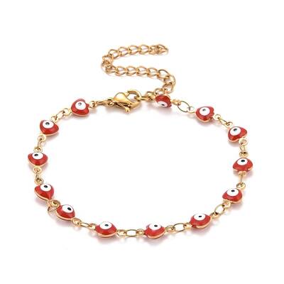 Enamel Heart with Evil Eye Link Chains Bracelet