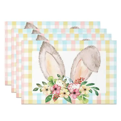 Grey Bunny Ear Plaid Floral Leaf Set Of 4 Placemats - Aperturee