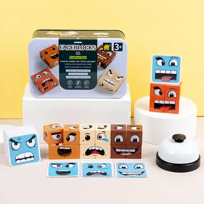 Face-Changing Cube Building Blocks Wooden Expressions Matching Block  Board Games for Family Night Puzzle Games