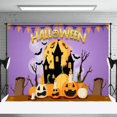 Cartoon Pumpkin Castle Moon Bat Happy Halloween Backdrop