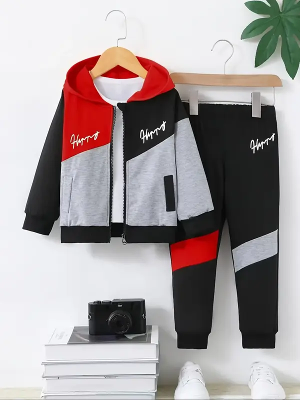 Two-Piece Set Boy's Patchwork Letter Print Patchwork Zip Up Hoodie & Elastic Waist Sweatpants Set, Casual Long Sleeve Hooded ...