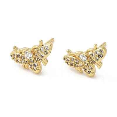 Rack Plating Brass Moth Stud Earrings with Cubic Zirconia