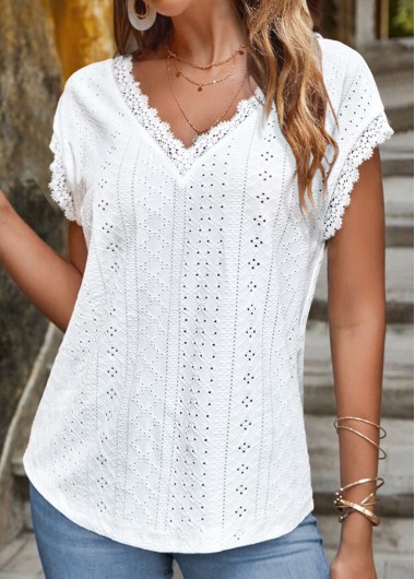 Modlily White Lace Short Sleeve V Neck T Shirt - XXL