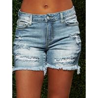 Womens Fashion-Forward Ripped Denim Shorts - Vintage Washed Blue, Raw Hem, Ultra-Comfortable Fit - Trendy Casual Jeans & Clot...