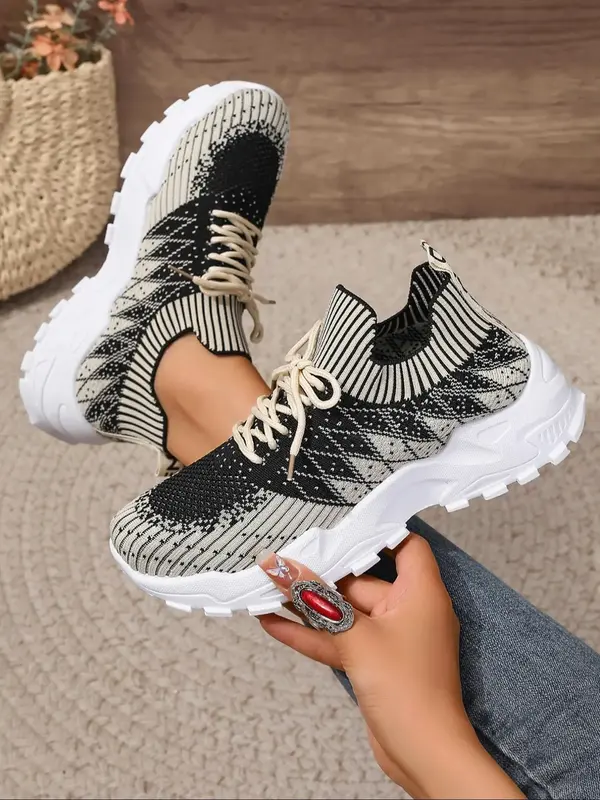 Women's Fashionable Lace Up Low Top Argyle Pattern Sneakers, Trainers for Women, Casual Breathable Comfortable Sports Running...