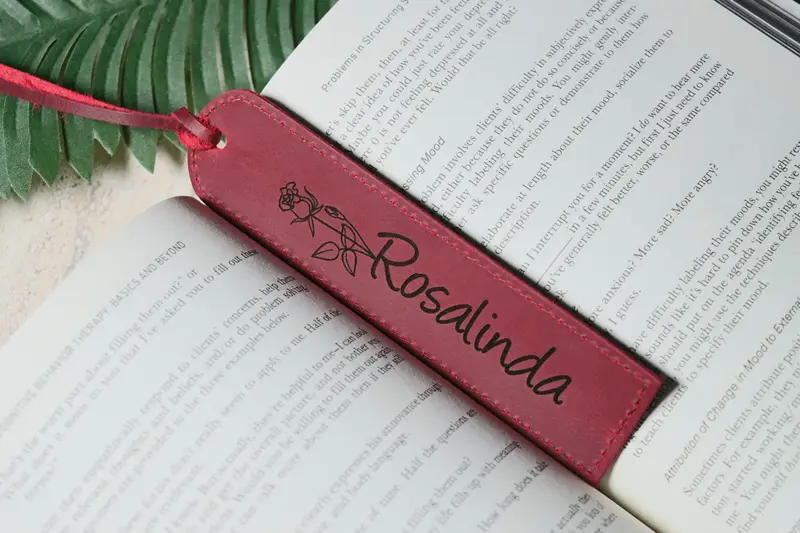 Birth Month Flower Leather Bookmark - Red Color , Real Leather, Same Day Shipping, Free Shipping US