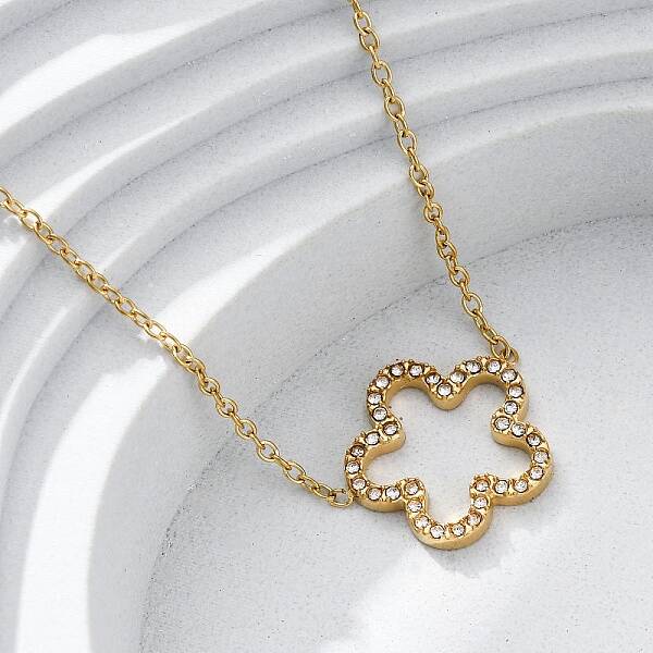 304 Stainless Steel Crystal Rhinestone Flower Pendant Necklaces