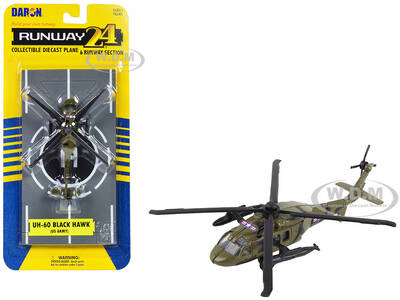 Sikorsky UH-60 Black Hawk Helicopter Olive Drab United States Army with Runway Section Diecast Model by Runway24