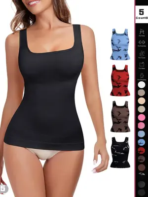 Women's Solid Color Square Neck Shapewear Tank Top, Tummy Control Seamless Shaper Vest, Women's Shapewear for All Seasons
