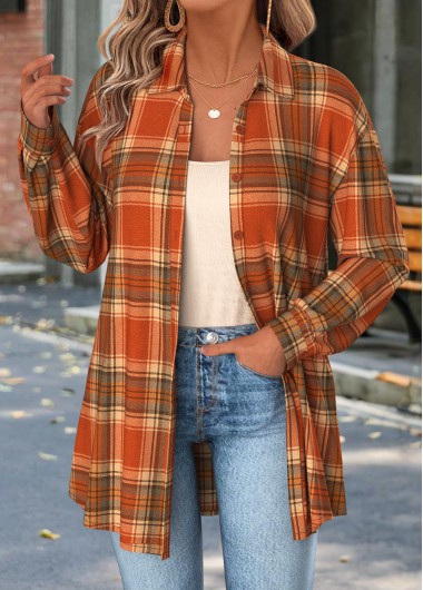 Modlily Orange Tummy Coverage Plaid Long Sleeve Shirt - M