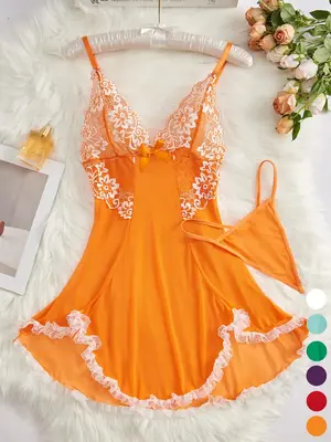 Women's Contrast Lace Bow Decor Cami Nightdress with Thong, Romantic Spaghetti Strap Backless Nightgown, Ladies Sleepwear for...