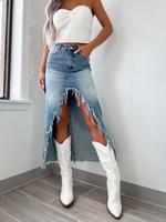 Women's Plain Asymmetrical Hem Denim Skirt, Trendy Flirty Casual Fashion Button Fly Skirt for Daily Wear, Ladies Bottoms for ...