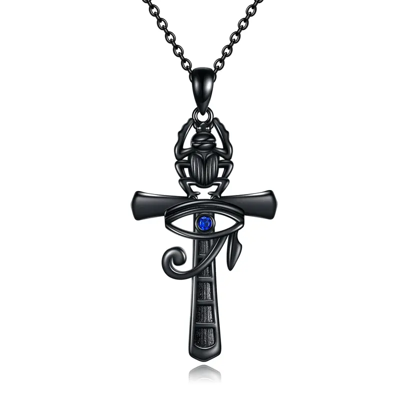 Sterling Silver Circular Shaped Cubic Zirconia Cross & Evil Eye Pendant Necklace
