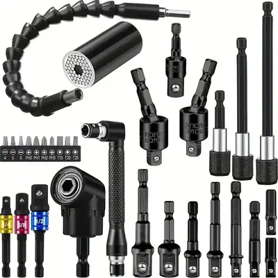 Universal Tool Kit with Flexible Shaft, Impact Wrench Socket Adapter, Right Angle Screwdriver Head Holder, Magic Sleeve & Ext...