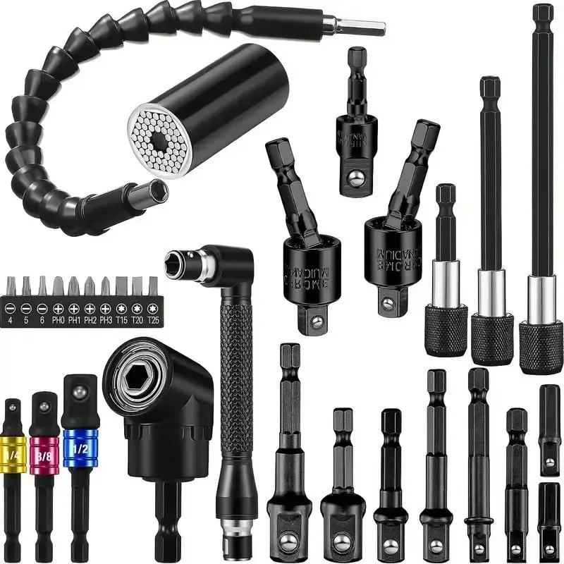 Universal Tool Kit with Flexible Shaft, Impact Wrench Socket Adapter, Right Angle Screwdriver Head Holder, Magic Sleeve & Ext...