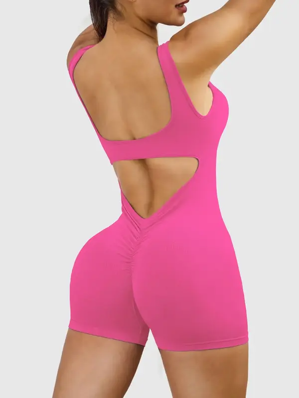 Women's Solid Cut Out Backless Ruched Sports Romper, Casual Scoop Neck Sleeveless Bodycon Romper for Yoga Gym Workout, Ladies...