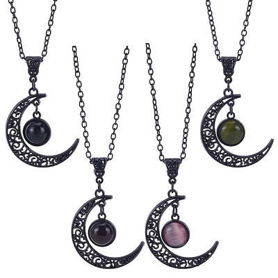 4Pcs 4 Colors Glass Flat Round & Alloy Moon Pendant Necklaces Set